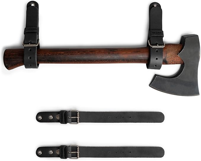 Leather Wall Hanging Straps, Set of 2, Buckle Closure for Axes, Hatchets & Tools, Heavy Duty Tool Hangers, Garage Storage Organization, Axe Mount Holders, Organizer Hooks