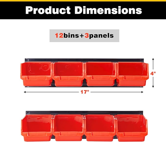 Ultrawall Wall Mounted Storage Bins, Plastic Hanging Storage Organizer Bins, Garage Tool Storage System for Screws, Nuts, Bolts, Nails, and Small Hardware Parts, 12x bins & 3 x rails, Orange