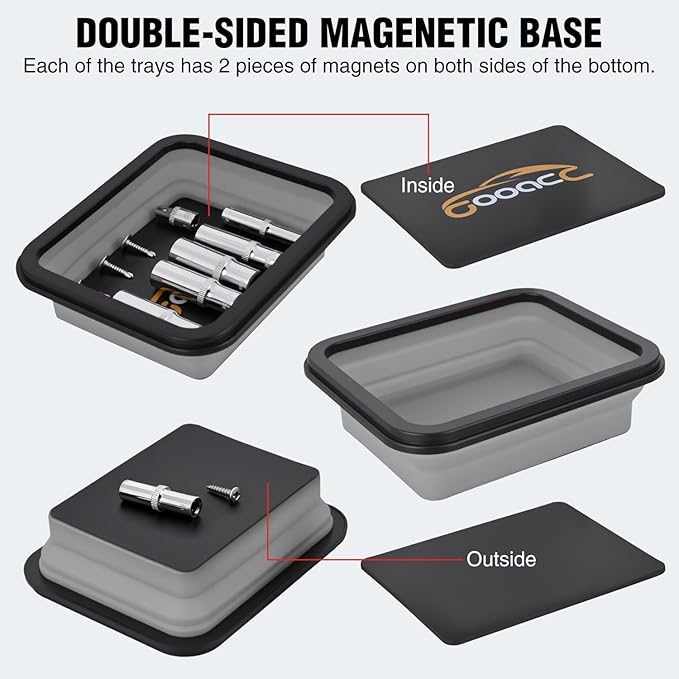 GOOACC 3 Sizes Collapsible Magnetic Parts Tray Set Light Grey Silicone Foldable Tool Trays Organizer for Screws Bolts Nuts Pins Washers and Other Small Metal Parts Double Sided Magnet Base