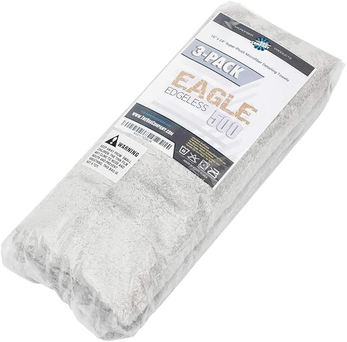 The Rag Company - Eagle Edgeless 500 (3-Pack) Professional Korean 70/30 Blend Super Plush Microfiber Detailing Towels, 500GSM, 16in x 24in, Ice Grey
