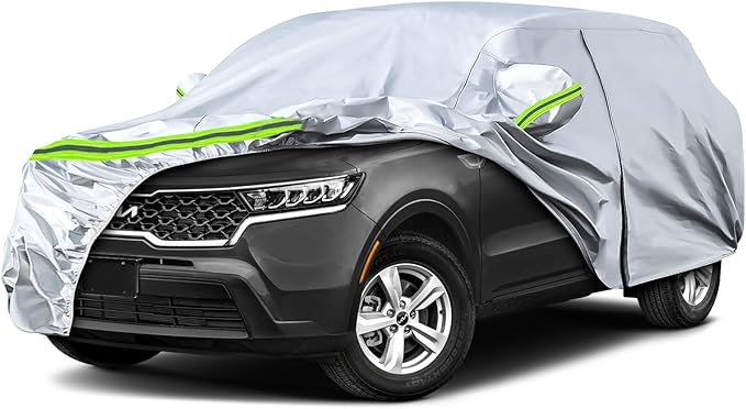 Waterproof Car Covers Replace for 2009-2025 Kia Sorento, 6 Layers Silver All Weather Car Cover with Zipper Door & Windproof Bands for Snow Rain Dust Protection