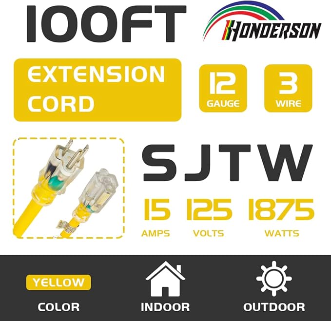 Indoor Outdoor Extension Cord Weatherproof with Lighted End, UL Certified, 12 Gauge 100FT Yellow 3 Prong Heavy Duty, 12/3 SJTW 15A Power Cord for Outdoor Lights, Lawn