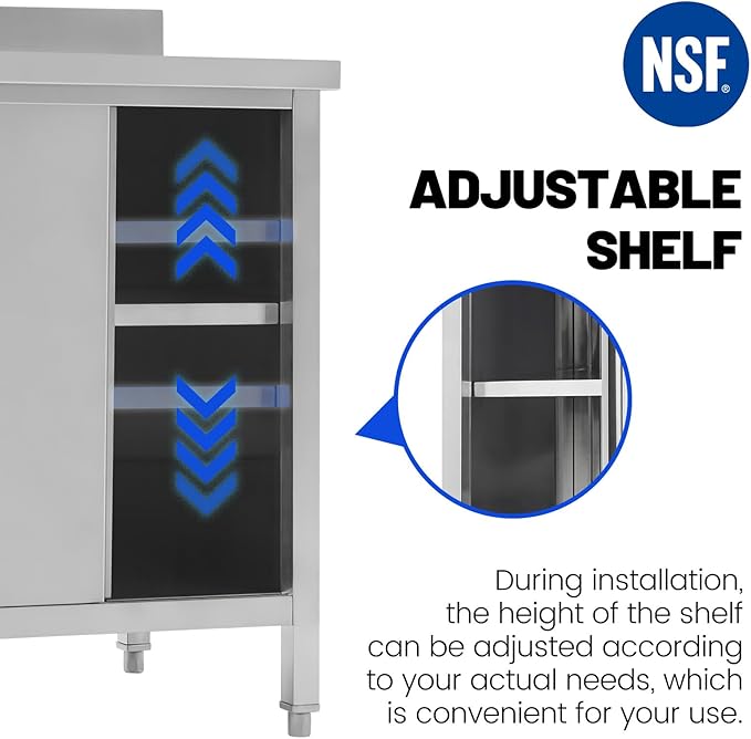 Hally Stainless Steel Cabinet, 24" x 60" NSF Commercial Heavy Duty Prep Workbench with Backsplash and Two Sliding Doors, Large Storage Cabinet, Metal Table for Kitchen, Restaurant, Garage