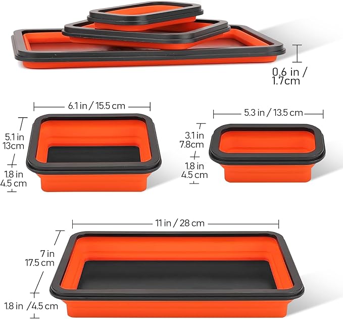 Collapsible Magnetic Parts Tray Set, 3 Different Size Foldable Silicone Magnetic Tool Trays for Bolts, Screws, Nuts and Other Small Metal Parts, Mechanic Tool for Men