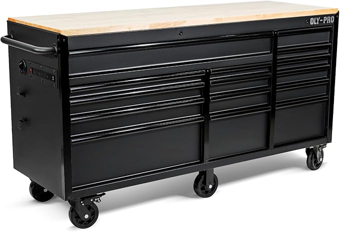 Olympia Tools 72 inch Heavy Duty Mobile Tool Chest Tool Box, with Solid Wood Top Workbench, 15-Drawer Rolling Tool Chest, Tool Storage Organizer for Garage, Workshop, and Home, Black
