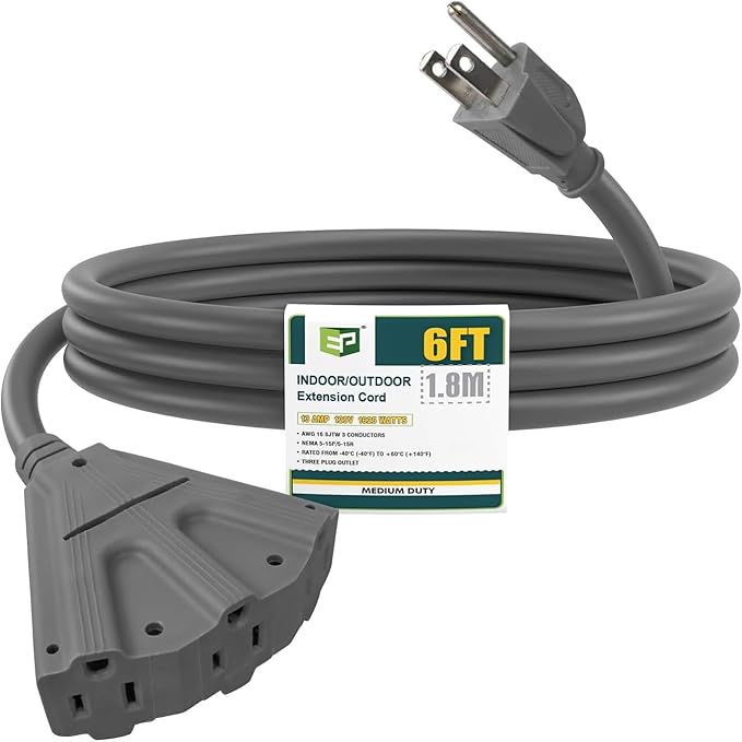 EP 6 Ft Outdoor Extension Cord with 3 Electrical Power Outlets - 16/3 SJTW Grey Cable with 3 Prong Grounded Plug for Safety Great for Christmas Lights, Garden and Major Appliances