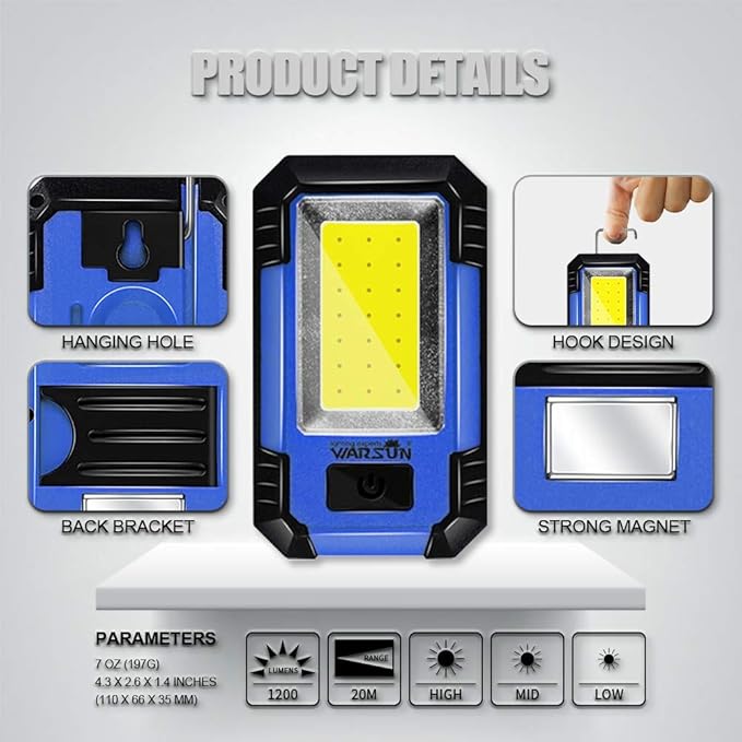 WARSUN 2PC Led Work Lights Rechargeable Magnetic Portable Work Light 30w 1200 Lumens for Camping Car Repairing, Blue Stocking Stuffers Mens/Dad Gifts