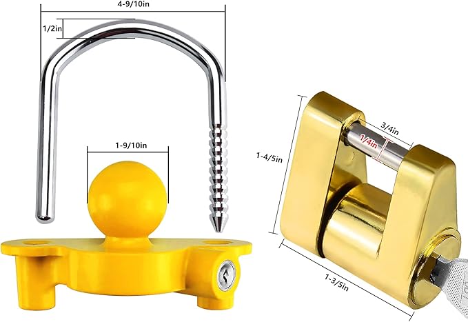 Funmit Trailer Hitch Security Lock Set Including Yellow U-Shaped Universal Ball Hitch Lock, 1/2" and 5/8" Receiver Hitch Pin Lock, Golden Trailer Hitch Lock Coupler Locking Pin, Share the Same 2 Keys
