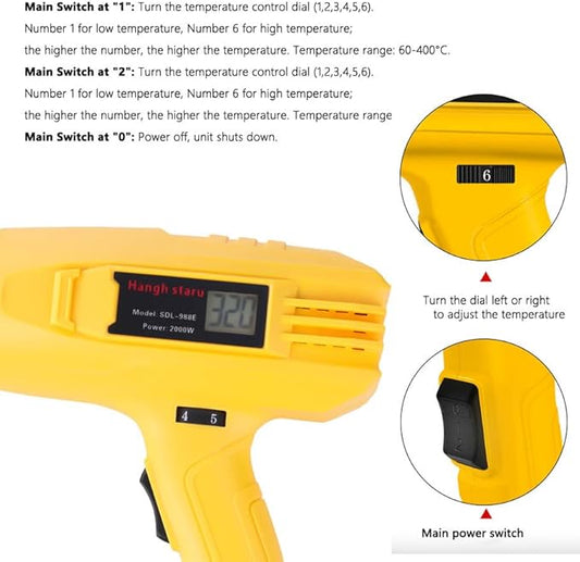 Heat Gun Digital Display 2000W, 140℉-1112℉ Variable Temperature Hot Air Gun, 2 Speed Settings, Overheat Protection, 4 Nozzles for Shrink Wrap, DIY Crafts, Home Repair