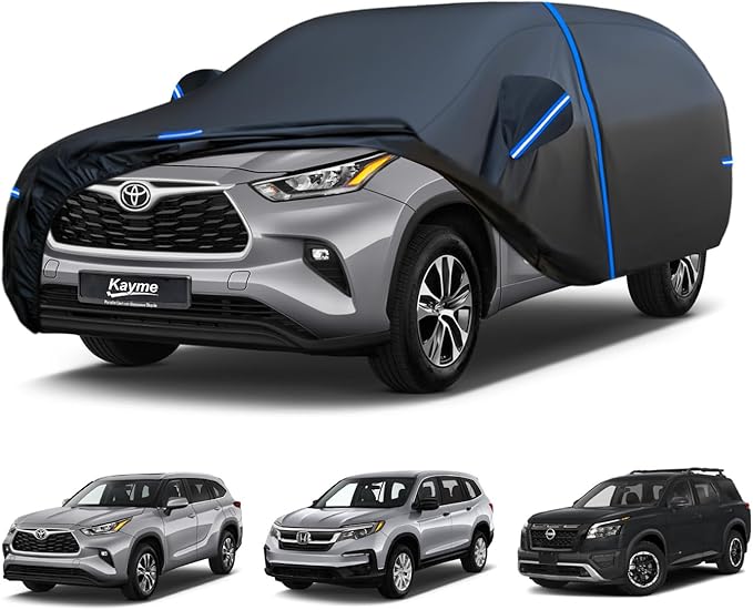 Kayme SUV Car Cover Custom Fit for Toyota Highlander, Nissan Pathfinder, Honda Pilot, Windproof Upgraded & 100% Waterproof. All-Weather Full Exterior Cover Rain Sun Snow Protector with Door Zipper.