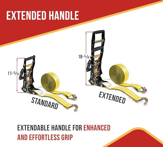 Mytee Products 4 Pack 2" x27' Yellow Ratchet Strap with J Hooks- 10,000 Lbs Breaking Strength -Heavy Duty Tie Down Large Bar Handle and Cargo Straps with Wire Hooks for Flatbed, Truck, Trailers Pickup