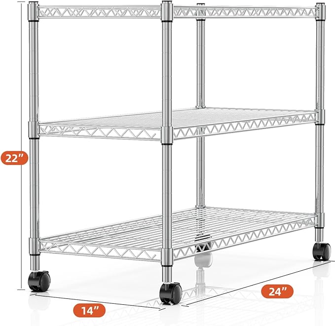 Simple Deluxe Heavy Duty 3-Tier Storage Shelves 750Lb Capacity, 24.02" D x 13.78" W x 29.92" H Adjustable Shelving Unit with Wheels, Chrome