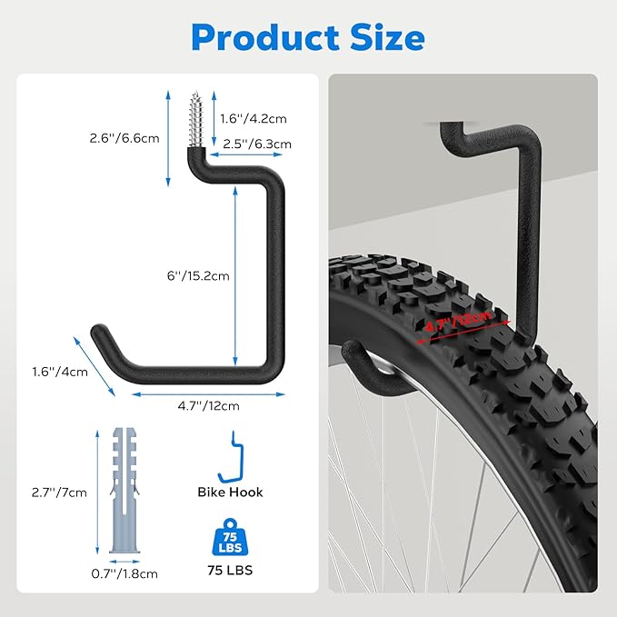 Housolution Screw in Bike Hooks, 8-inch for Wall and Ceiling, [6 Pack] Loading Capacity 75 LBS with Anti-Slip Coating, Heavy Duty Garage Storage Hooks for Bicycle, Foldable Chair, Ladder