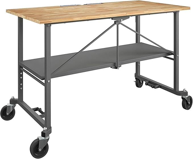 COSCO SmartFold Butcher Block Portable Workbench/Folding Utility Table (Gray Steel Frame)