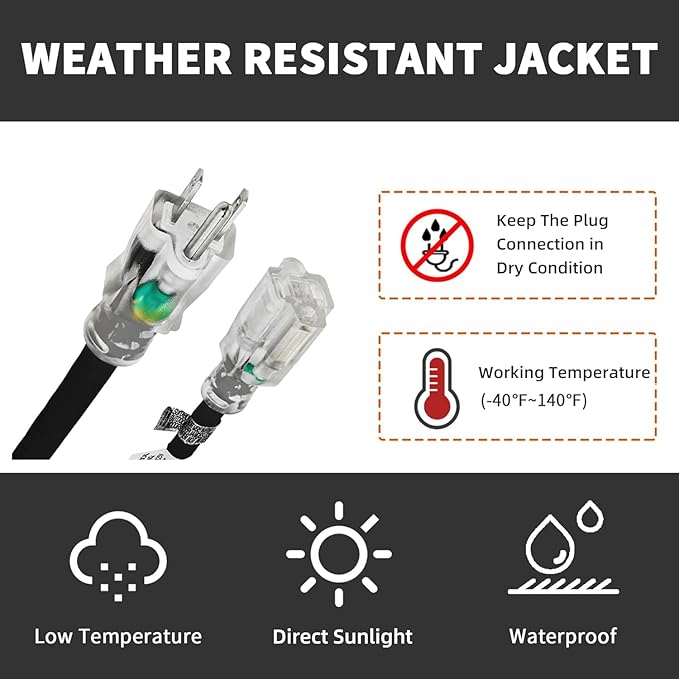 Indoor Outdoor Extension Cord Weatherproof with Lighted End, UL Certified, 10 Gauge 12FT Black 3 Prong Heavy Duty, 10/3 SJTW 15A Power Cord for Outdoor Lights, Lawn