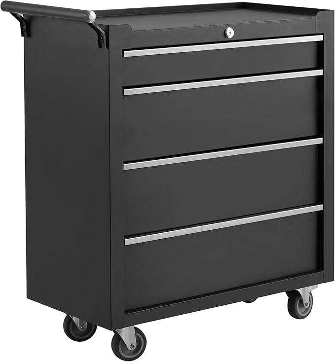 24” Heavy-Duty Rolling Tool Cabinet, 4-Drawer Lockable Steel Tool Chest with 4 Locking Wheels & Reinforced Frame, High Weight Capacity Organizer for Garage, Workshop, and Home Use