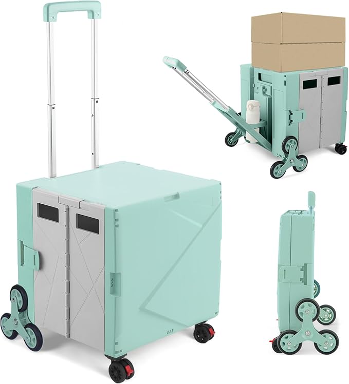 76L Folding Utility Cart Portable Rolling Crate Handcart Shopping Collapsible Tool Box with Stair Climbing Wheels,Hidden Lid,2 Rotate Wheels,for Grocery,Shopping,Office,Storage(Green)