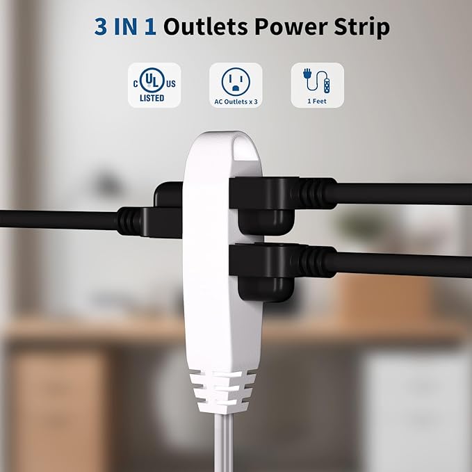 K KASONIC - 12FT Flat Plug Extension Cord, UL Listed 16/3 SPT-3 1625W Power Strip with 3 Outlets, 3 Prong Grounded 13 Amp 125V Indoor Extension Cord for Home Office, 2 Pack