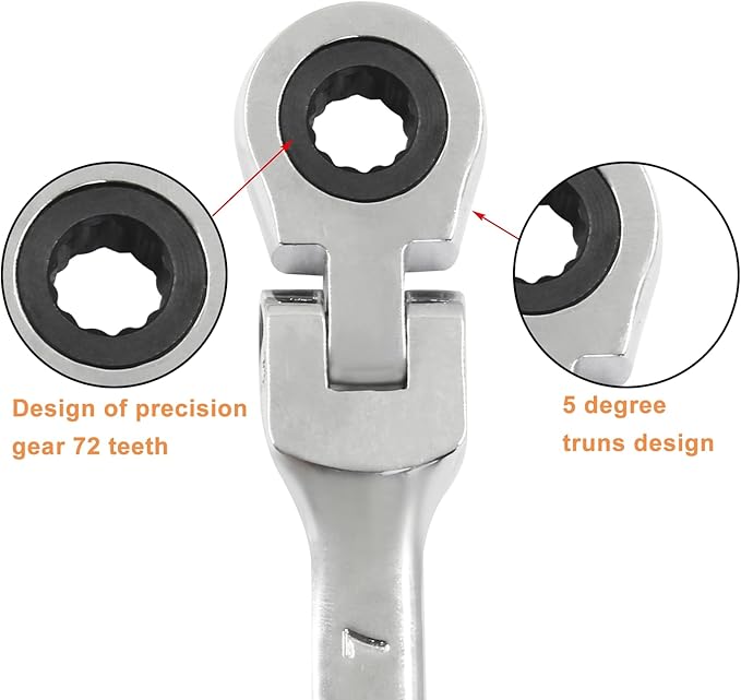 Piutouyar 7mm Flex-Head Ratcheting Wrench, Professional Metric Ratchet Wrench Combination Wrench Box Ended Spanner Tool for Projects Repair(5° Movement and 72 Teeth 12 Point, CR-V)