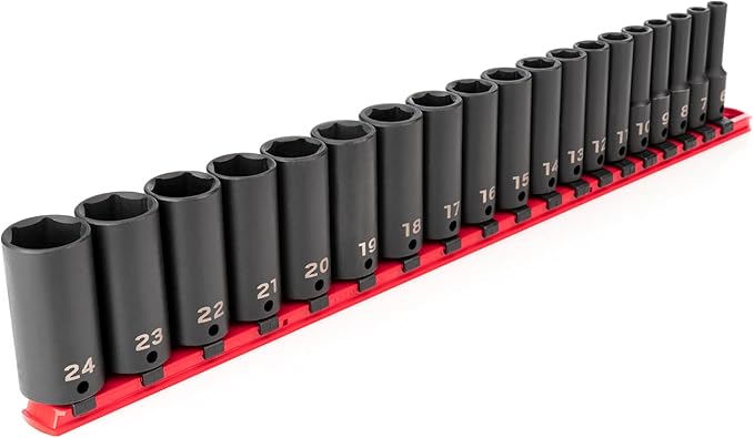 TEKTON 3/8 Inch Drive Deep 6-Point Impact Socket Set with Rail, 19-Piece (6-24 mm) | SID91107