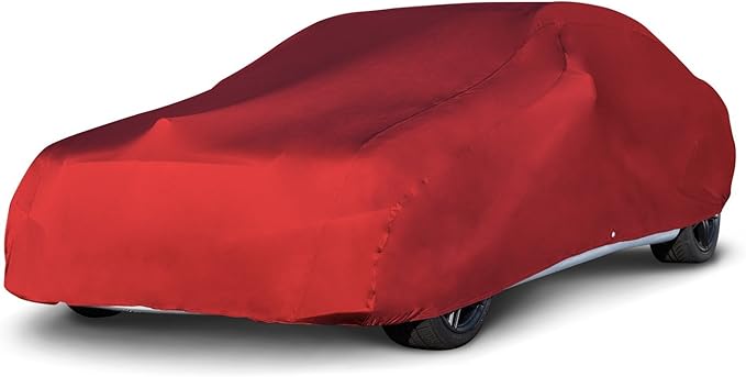 Budge Indoor Stretch Car Cover, Premium Dustproof Protection with Soft Fleece Lining, Breathable Indoor Car Cover Fits Vehicles up to 200 Inches, Red