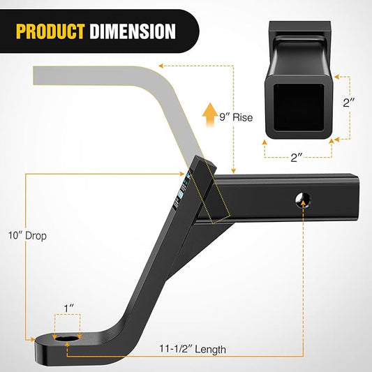 Nilight Trailer Hitch Ball Mount with 5/8" Hitch Pin Clip Fits 2 Inch Receiver Square 7500 lbs 10" Drop 9” Rise 1” Hole Gloss Black Powder Coat