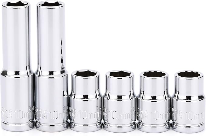 CASOMAN 6 Pieces 3/8-Inch Drive Impact Socket Set, Deep & Shallow, 10mm, Metric, 6 Point & 12 Point Desgin, Mirror Chrome Finish