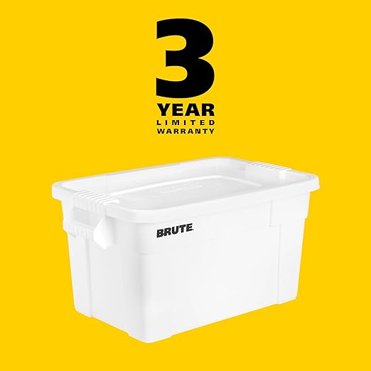 Rubbermaid Commercial Products BRUTE Tote Storage Bin with Lid, 20-Gallon, White, Rugged/Reusable Boxes for Garage/Moving/Camping/Basement Storage/Kitchen/Warehouse/Outdoor, Pack of 6