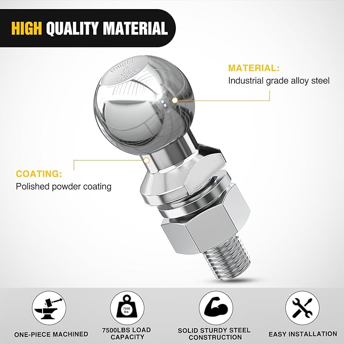 Nilight 2-Inch Diameter Chrome Trailer Hitch Ball, 7,500 lbs, 1 x 2-1/8-Inch Shank Universal Fit,Gray