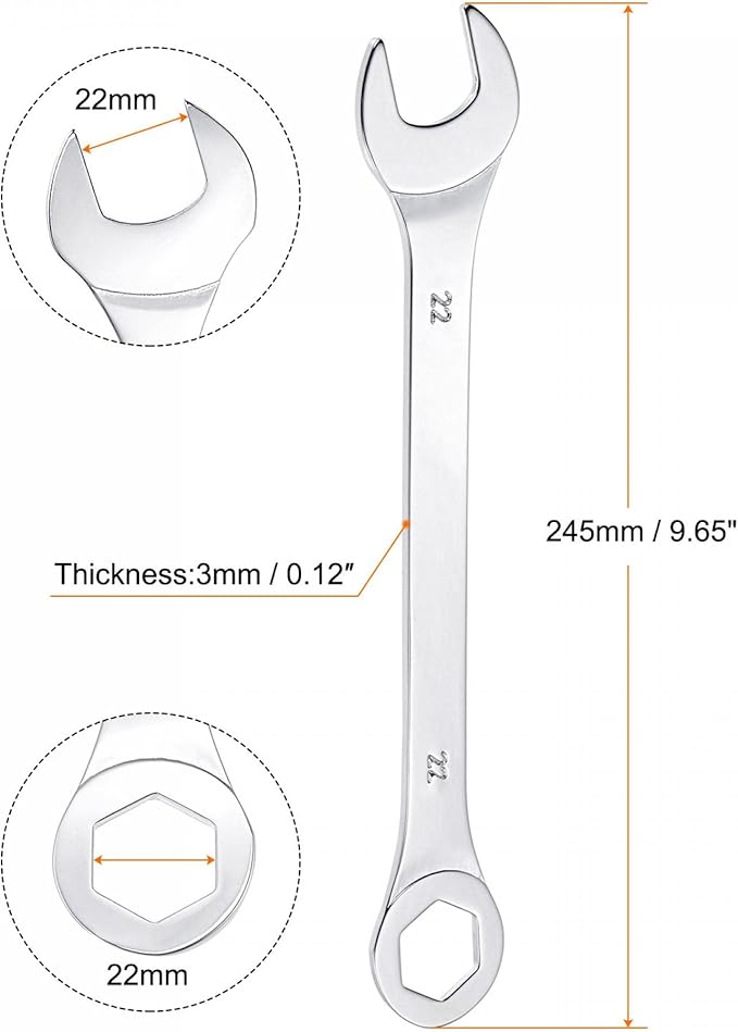 uxcell Thin Combination Wrench with Offset 6-Point End and Angled Open End, Metric Mirror-Chrome Plated High Carbon Steel, for Household Repairs, 22mm