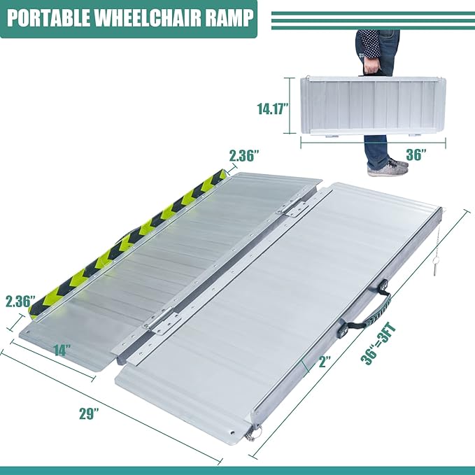 Non-Skid Folding Portable Wheelchair Ramp for Home Steps Stairs Doorways Scooter Lawn Mower, Handicap Ramp, Threshold ramp, Moving ramp (Single, 3 Foot)