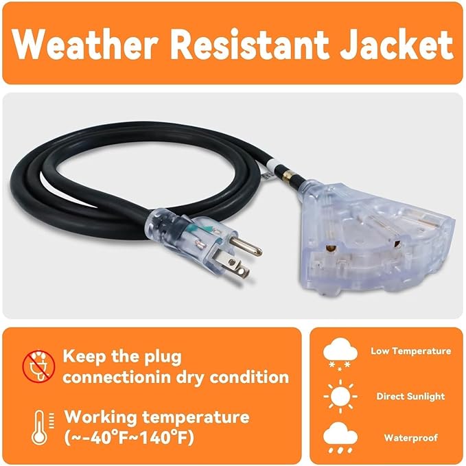 EP 50 Ft Lighted Outdoor Extension Cord with 3 Electrical Power Outlets - 12/3 SJTW Heavy Duty Black Extension Cable with 3 Prong Grounded Plug for Safety, UL Listed