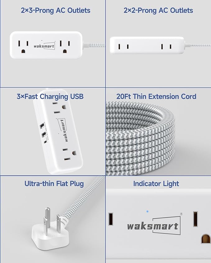 Flat Plug Extension Cord 20 FT with 4 AC Outlets 3 USB Ports (5V/3.4A 17W), 20Ft Long Braided Cord for Home Office College Dorm