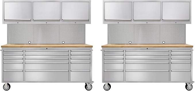 CHETTO C 72" Tool Cabinet Chest with 15 Drawers + 3 Upper Cabinets Mobile Rolling Workbench Large Tool Box Lockable Storage Cabinet with Wheels for Garage Workshop Stainless Steel 2 Pack