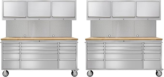 CHETTO C 72" Tool Cabinet Chest with 15 Drawers + 3 Upper Cabinets Mobile Rolling Workbench Large Tool Box Lockable Storage Cabinet with Wheels for Garage Workshop Stainless Steel 2 Pack