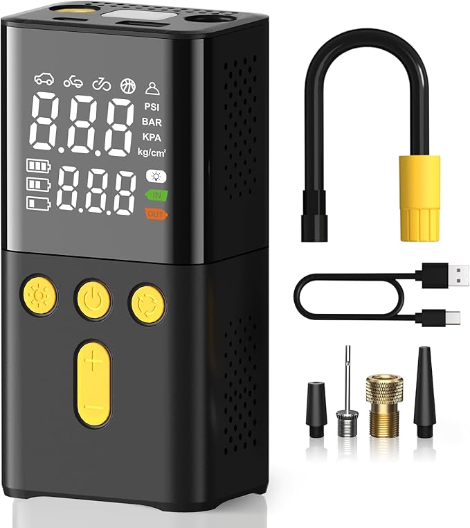 Portable Tire Inflator for Car 150 PSI, 4X Faster Car Tire Pump with Pressure Gauge, Large Dual Digital Screen and Auto Off Function, LED Light