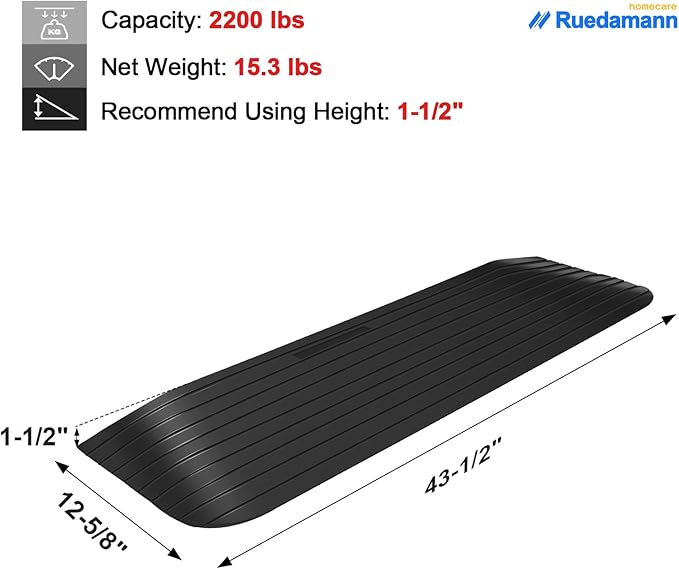 Ruedamann 1-1/2“ RiseThreshold Ramp, Durable Solid Rubber with 2200lbs Load Capacity, Non-Skid and Anti-Slip Surface, Wheelchair Ramp for Doorways and Bathroom