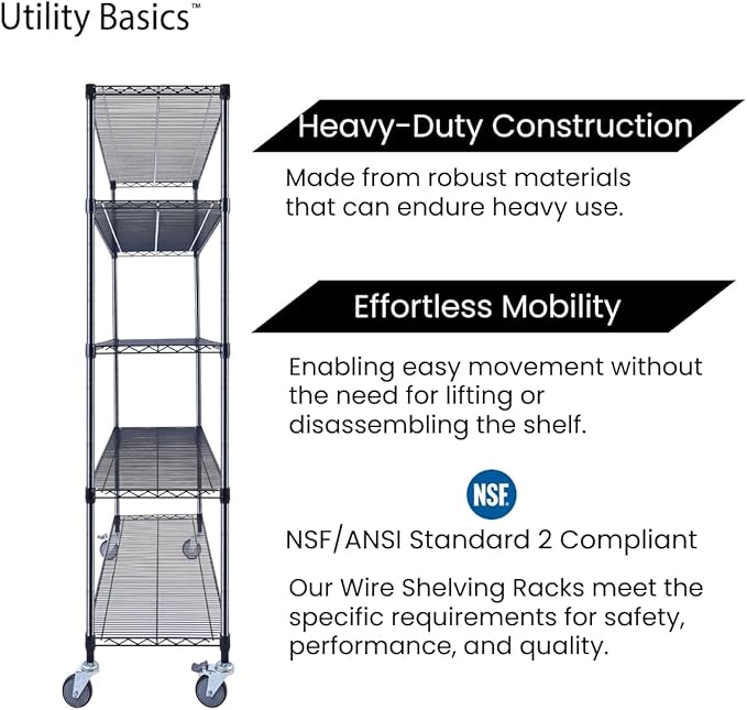 NSF Commercial 4-Tier Wire Shelving with Wheels, 60"x18"x72" Heavy Duty Metal Shelves 3200 lbs Max Capacity, Black Storage Rack for Garage Kitchen Pantry Warehouse