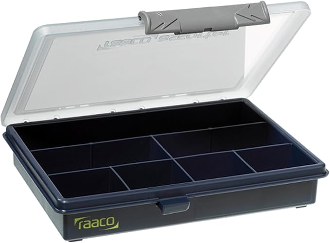Raaco Assorter Tool Box Organizer – Compact – 7 Slots Fixed Grid with Semi-Transparent Lid, Polypropylene (PP) Storage Box for Screws, Nuts and Bolts, Small Parts & Hardware (Assorter 6-7)