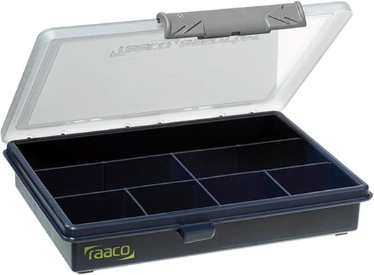 Raaco Assorter Tool Box Organizer – Compact – 7 Slots Fixed Grid with Semi-Transparent Lid, Polypropylene (PP) Storage Box for Screws, Nuts and Bolts, Small Parts & Hardware (Assorter 6-7)