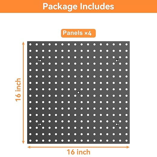 TORACK 4 PCS 16 x16 in Pegboard Panels for Wall Garage Tools Organizer Pegboard for Workbench, Modular Peg Board Tool Board(Pack of 4, Black)