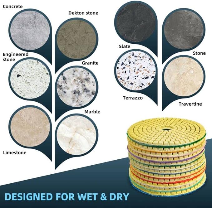 14 Pack 4 Inch Diamond Polishing Pads Kit with 2PCS 5/8’’-11 Backer Pad 12PCS Wet/Dry Polish Pad Set for Drill Grinder Polisher 50-8000 Grit Pads for Granite Marble Stone Concrete Countertop Quartz