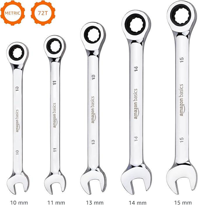 Amazon Basics 5-Piece Metric Ratcheting Wrench Set, 10mm, 11mm, 13mm, 14mm, 15mm, Black/Silver