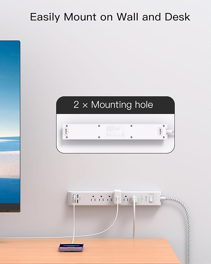 Surge Protector Power Strip 15 ft with 4 USB Ports 2 USB-C 6 AC Outlets, Flat Plug Extension Cord, USB Charging Station, Wall Mountable for Home, Office, Dorm Essentials, 1080J, ETL Listed