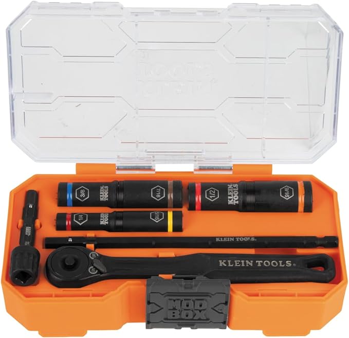 Klein Tools 65238 KNECT Impact Socket Set, Deep Depth with Wrench, 3 Heavy-Duty Color Coded Flip Sockets, 6 SAE Sizes, Ratchet, Adapter and MODbox Case