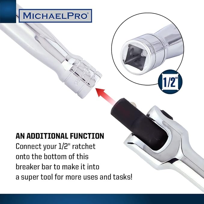 MichaelPro MP007003 1/2" Drive Extension Breaker Bar/Flex Handle, 18” Length, Connect Your Ratchet with this Breaker Bar, Rotating Flex Head (18” Length)