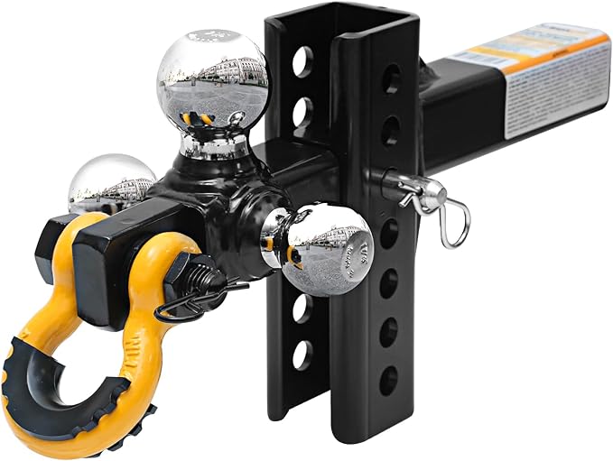 MaxxHaul Adjustable Tri-Ball Hitch Mount with Rotating Tow Shackle & D-Ring Fits 2" Receiver 1-7/8" 2" 2-5/16" Balls 12000 lb Capacity 5" Drop Rise 51003