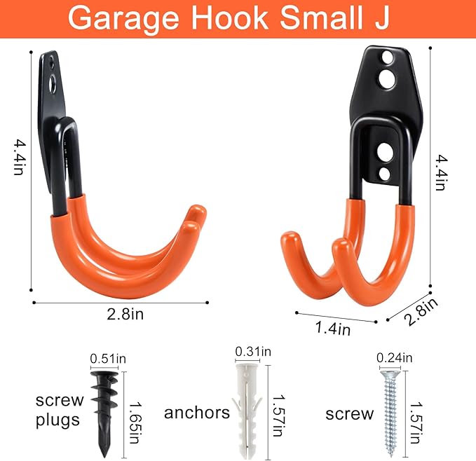 AOBEN Garage Hooks Heavy Duty, Steel Garage Storage Hooks, Utility Tool Hangers and Combinable Wall Mount for Organizing Ladders, Bikes, Hoses, and More Equipment (Small J, 4 Pack)