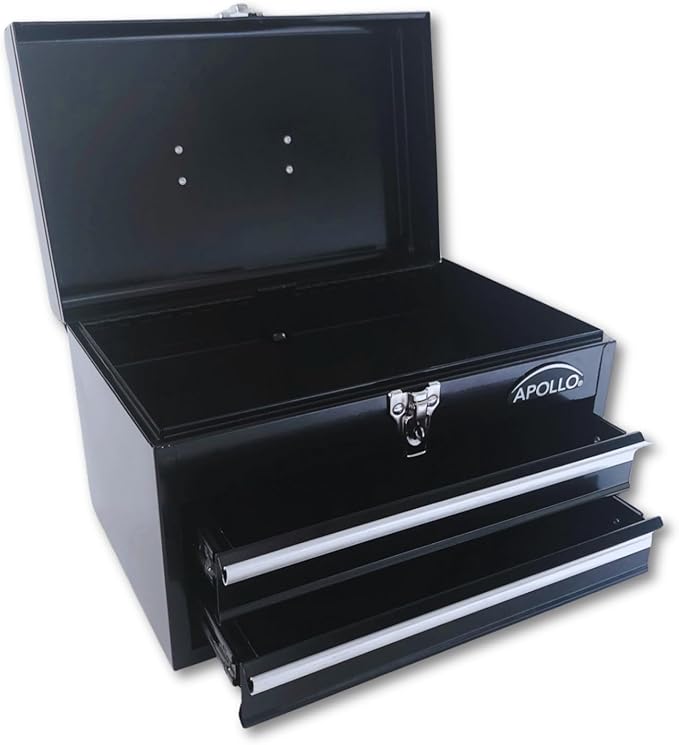 Apollo Tools 14 Inch Steel Tool Box with Deep Top Compartment and 2 Drawers in Heavy-Duty Steel With Ball Bearing Opening and Powder Coated Finish Black
