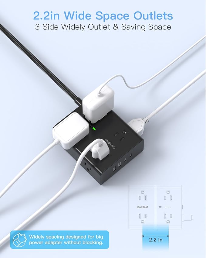 10Ft Extension Cord with Multiple Outlets, Flat Plug Power Strip Surge Protector 10 Ft Long Cord, 8 Outlet 4 USB Ports (2 USB C), Multi Outlet Wall Plug for Office, College, Dorm Room Essentials